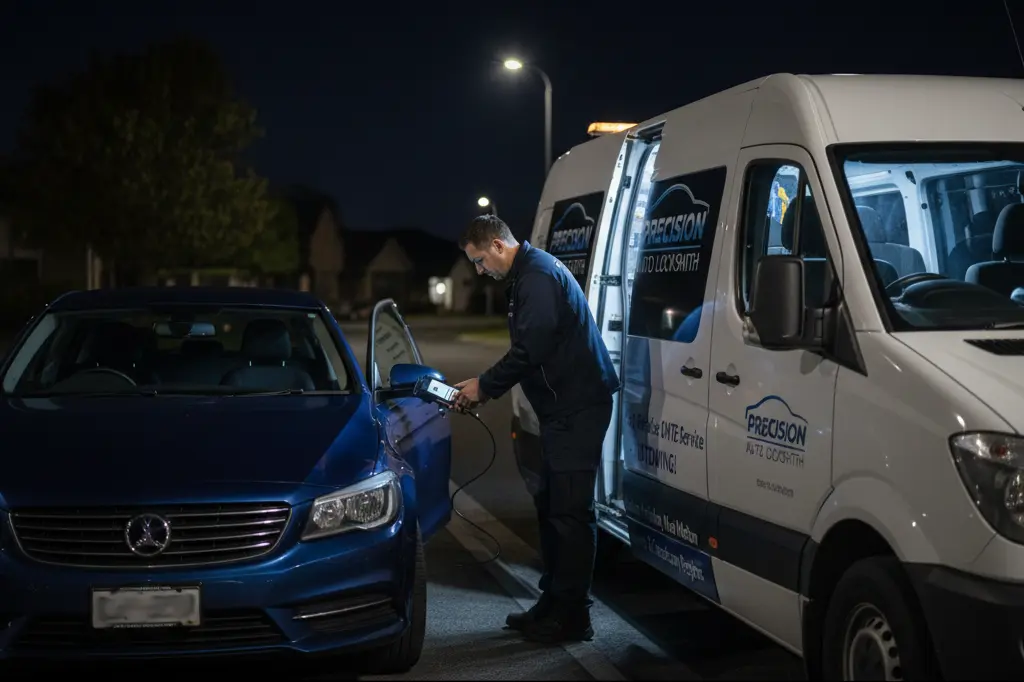 24-7-mobile-locksmith-van-service-canterbury 24/7 emergency auto locksmith programming a car key at night in Christchurch.
